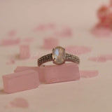 Natural Rainbow Moonstone, Zircon Sterling Silver Ring