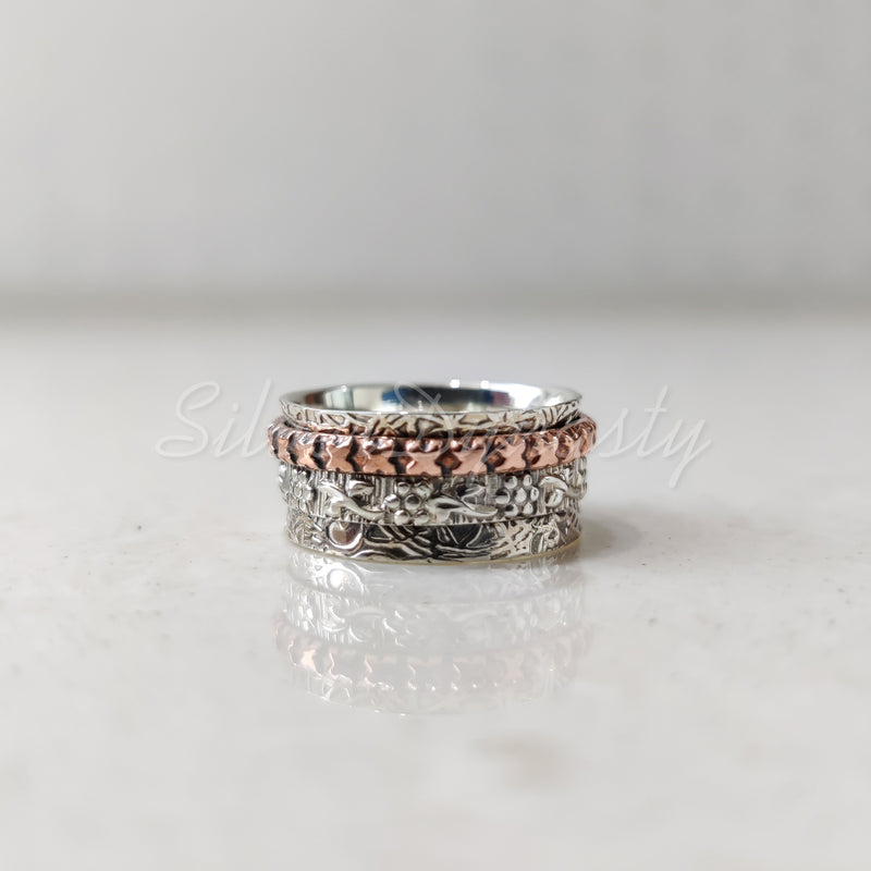 Spinner Ring, 925 Solid Sterling Silver Band, Silver + Copper Spin