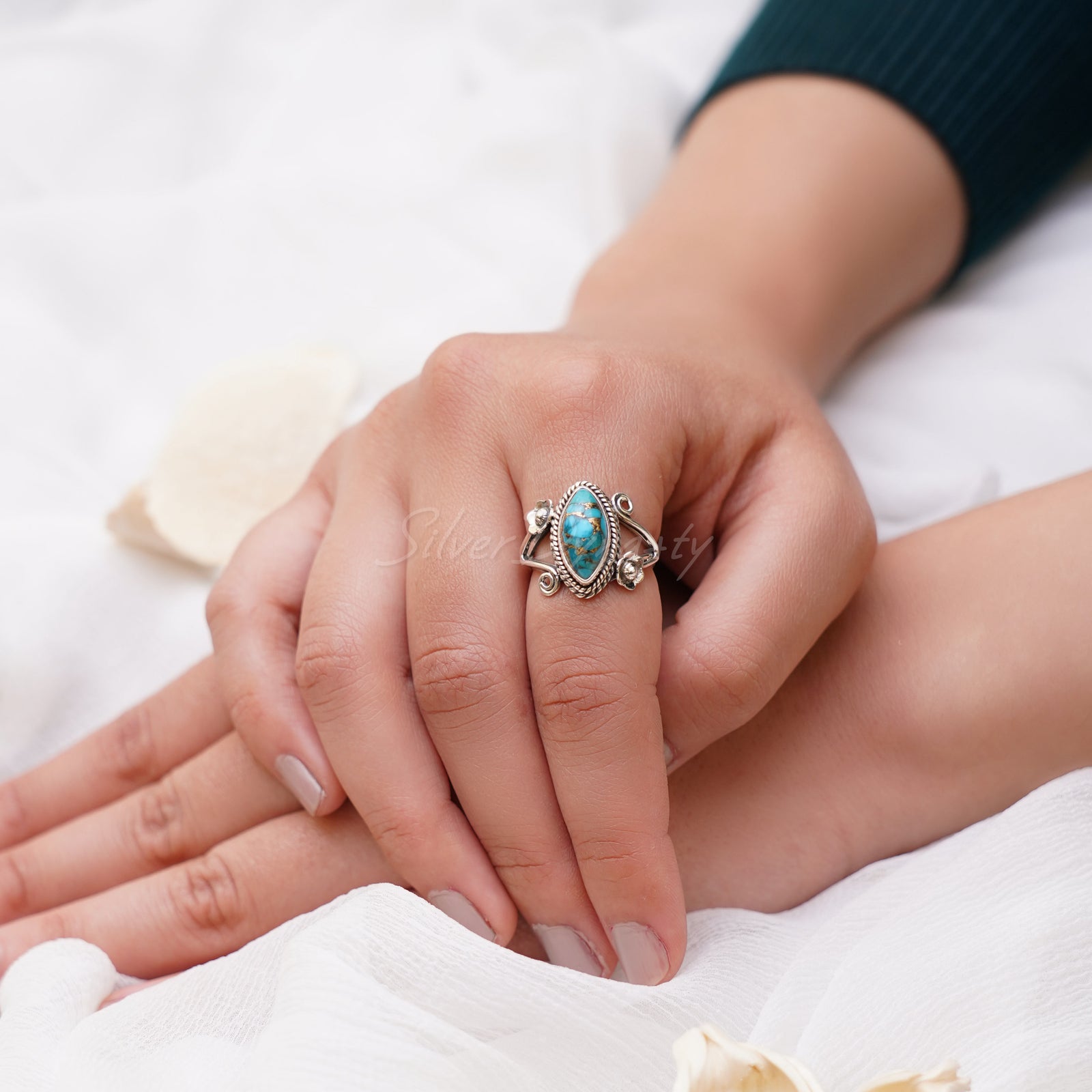 Handmade 925 Sterling Silver Ring With Natural Green Copper Turquoise - All Sizes - View #2