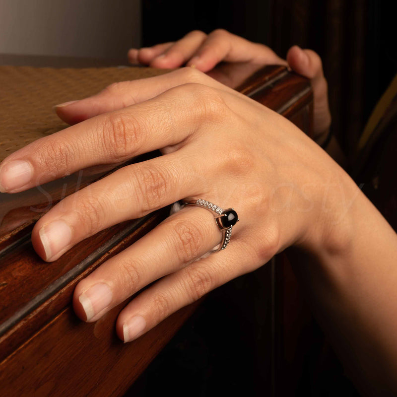 'BIA' Black Onyx and Zircon 925 Solid Sterling Silver Multistone Ring