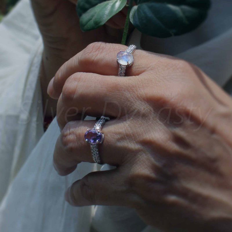 'Boho' Multistone Amethyst and Zircon 925 Solid Sterling Silver Ring