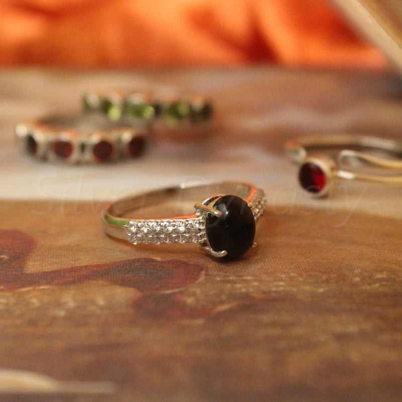 'BIA' Black Onyx and Zircon 925 Solid Sterling Silver Multistone Ring
