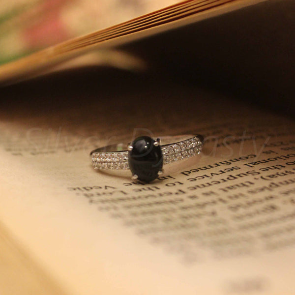 'BIA' Black Onyx and Zircon 925 Solid Sterling Silver Multistone Ring