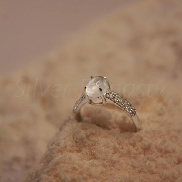 Natural Rainbow Moonstone, Zircon Sterling Silver Ring