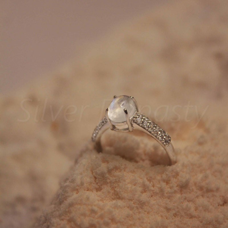 Natural Rainbow Moonstone, Zircon Sterling Silver Ring