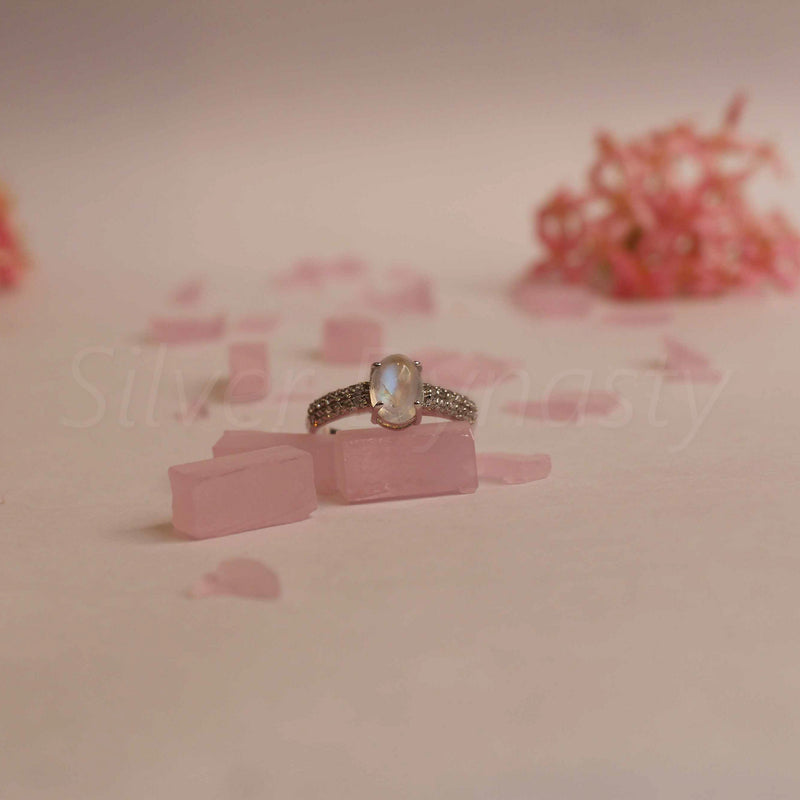 Natural Rainbow Moonstone, Zircon Sterling Silver Ring