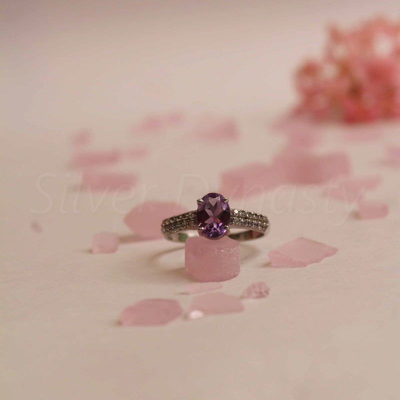 'Boho' Multistone Amethyst and Zircon 925 Solid Sterling Silver Ring