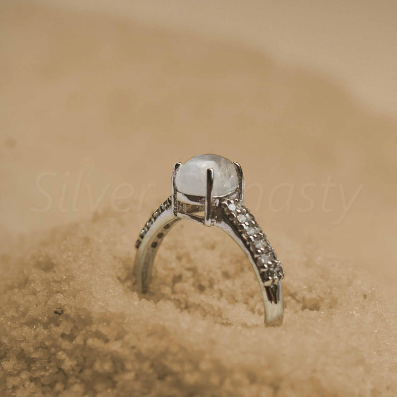 Natural Rainbow Moonstone, Zircon Sterling Silver Ring