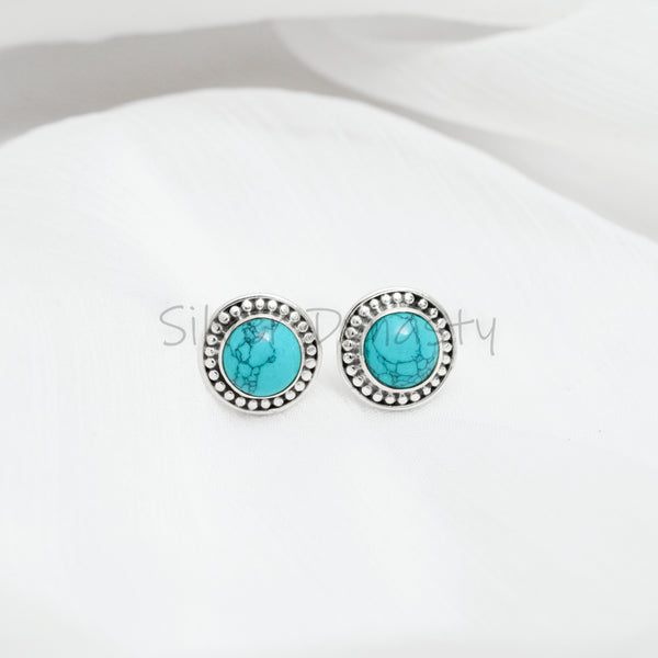 Turquoise 925 Solid Sterling Silver Earrings, Turquoise Studs