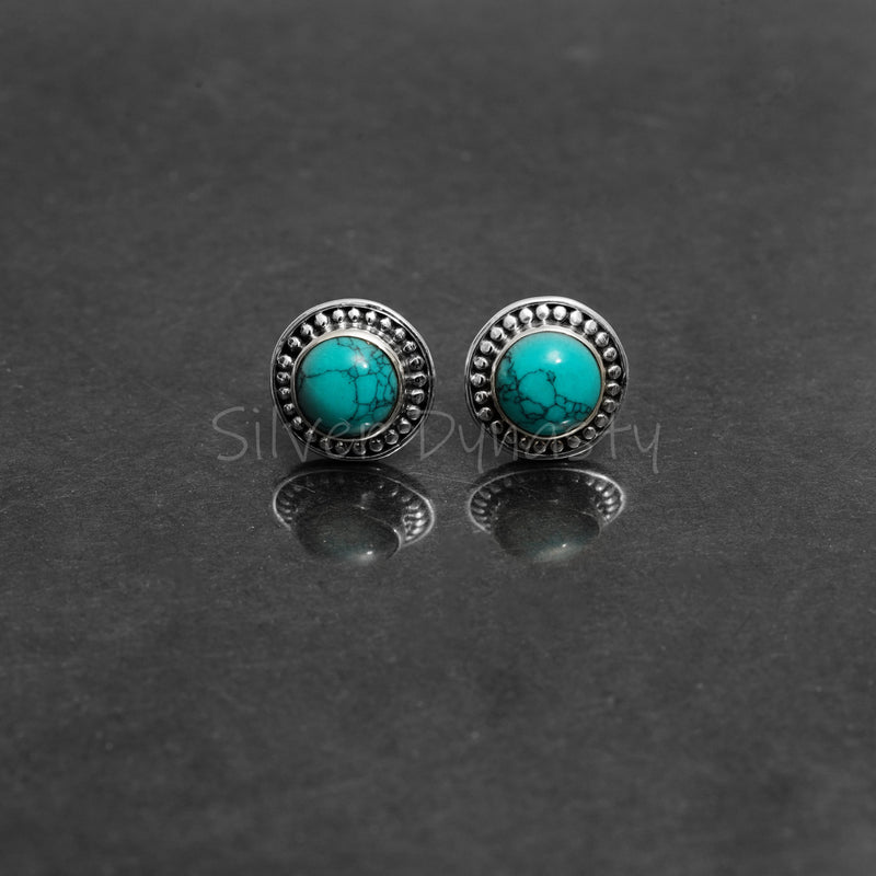 Turquoise 925 Solid Sterling Silver Earrings, Turquoise Studs