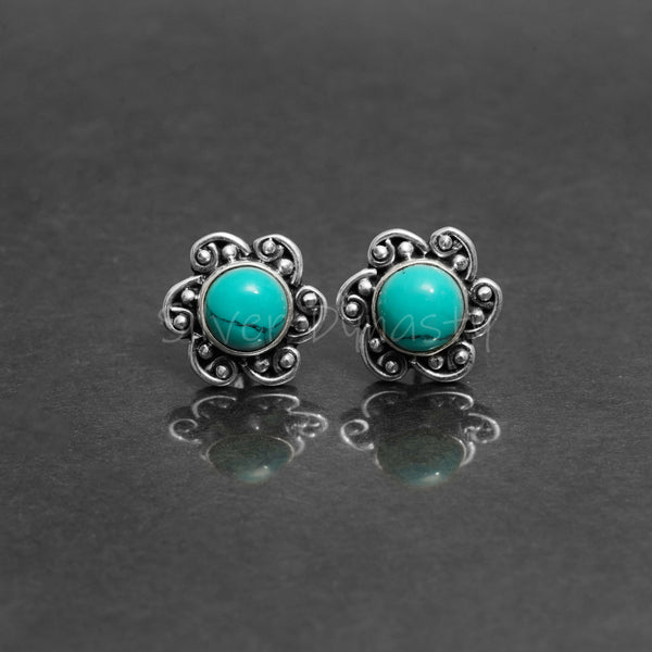 Turquoise 925 Solid Sterling Silver Earrings, Turquoise Studs