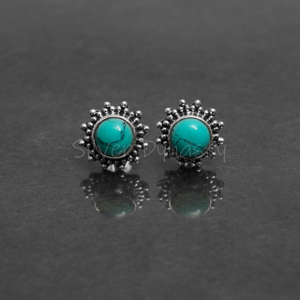 Turquoise 925 Solid Sterling Silver Earrings, Turquoise Studs